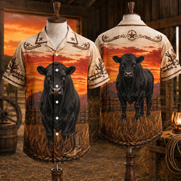 Black Angus Western Sunset Hawaiian Shirt, Vintage Cowboy Black Bull Aloha Shirt, Premium Cattle Rancher Tropical Shirt, Gift for Beef Farmer Dad Husband Grandpa
