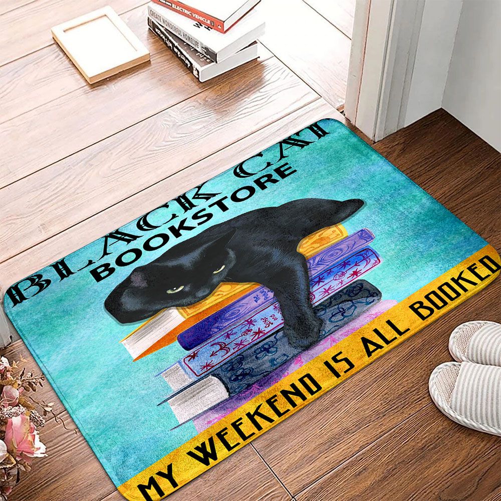 Black Cat Doormat - Black Cat Bookstore My Weekend Is All Booked Blue Doormat - Gifts For Cat Lovers1
