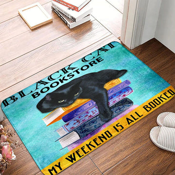 Black Cat Doormat - Black Cat Bookstore My Weekend Is All Booked Blue Doormat - Gifts For Cat Lovers1