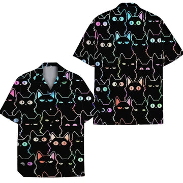 Black Neon Cat Hawaiian Shirt Men And Women, Cat Hawaiian Shirts HE0019