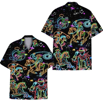 Black Neon Cowboy Hawaiian Shirt For Men, Western Hawaiian Shirts HE0041