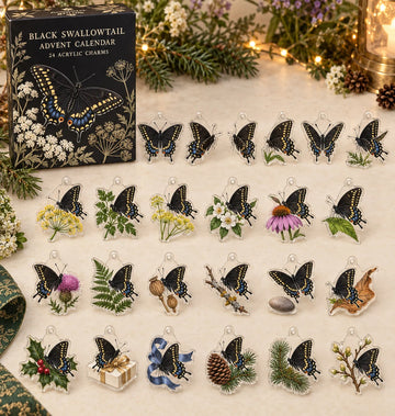 Black Swallowtail advent calendar with 24 custom-shaped flat acrylic charms and printed dimensional artwork 2026 - 24-Day Countdown, Acrylic Charms