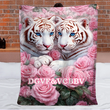 Blossoming Roses & White Tigers Customized Blanket – Personalized Name - Gift For Animal Lovers0001