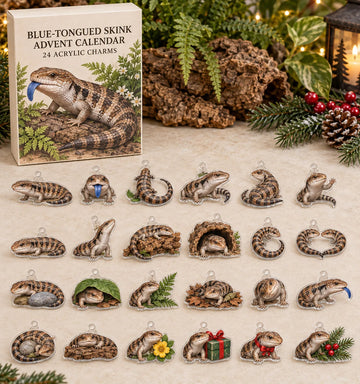 Blue-Tongued Skink advent calendar with 24 custom-shaped flat acrylic charms and printed dimensional artwork 2026 - 24-Day Countdown, Acrylic Charms