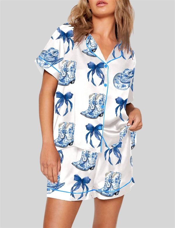 Blue Chinoiserie Cowgirl Blue Toile Bow Boots Blue And White Western Pajama Set