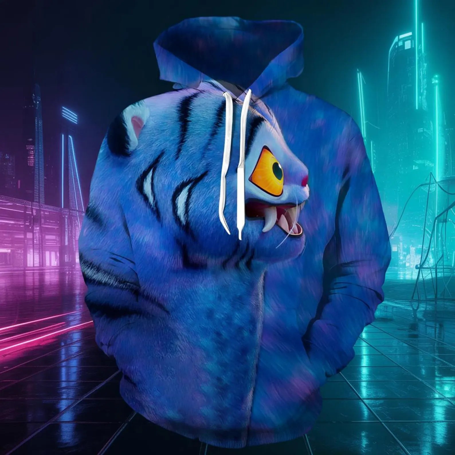 Blue Demon Hunter Cat Hoodie, Kpop Inspired 3D Hoodie, Cyberpunk Tiger Style Sweatshirt, Anime Cosplay Outfit, Gift for Kpop Fans