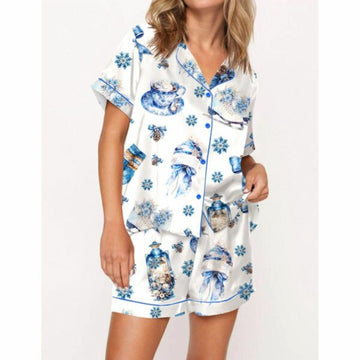 Blue Winter Satin Pajama Set For Women