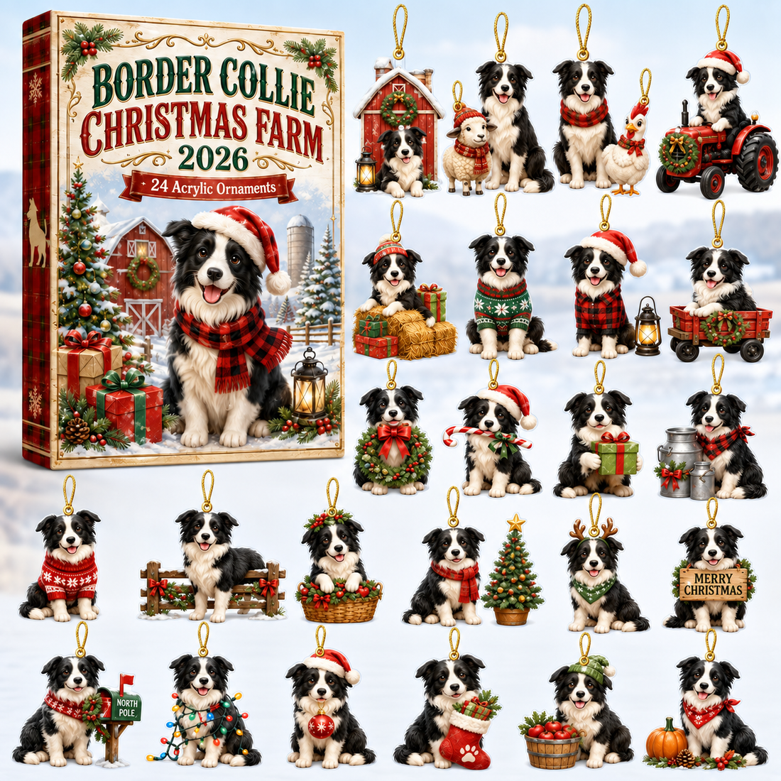 Border Collie Christmas Farm Advent Calendar 2026 24 Day Festive Countdown Acrylic Charms Blind Box Gift For Border Collie Lovers