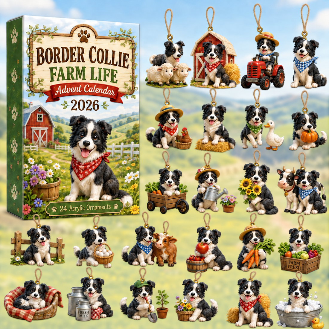Border Collie Farm Life Advent Calendar 2026 24 Day Festive Countdown Acrylic Charms Blind Box Gift For Border Collie Lovers