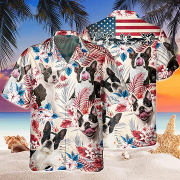 Boston Terrier Aloha Hawaiian Shirts For Summer, Dog Tropical Independence Day USA Flag Hawaiian Shirt For Men Women, 4th of July Gift For Dog Lovers