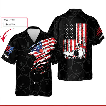 Bowling Custom Name Aloha Hawaiian Shirts For Summer, Personalized USA Flag Patriotic Independence Day Hawaiian Shirt For Men Women, Bowling Team