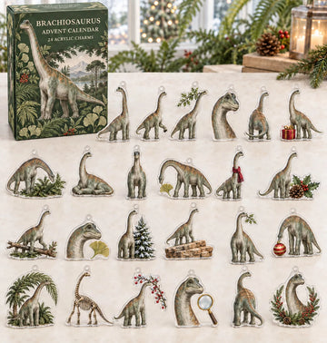 Brachiosaurus advent calendar with 24 custom-shaped flat acrylic charms and printed dimensional artwork 2026 - 24-Day Countdown, Acrylic Charms