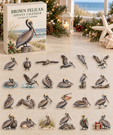 Brown Pelican advent calendar with 24 custom-shaped flat acrylic charms and printed dimensional artwork 2026 - 24-Day Countdown, Acrylic Charms