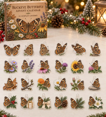 Buckeye Butterfly advent calendar with 24 custom-shaped flat acrylic charms and printed dimensional artwork 2026 - 24-Day Countdown, Acrylic Charms