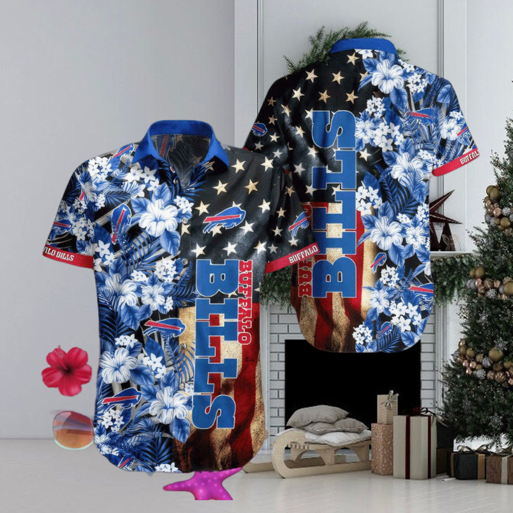 Buffalo Bills Hawaiian Shirt US Flag Flower Pattern All Over Print Gift For Fans NFL