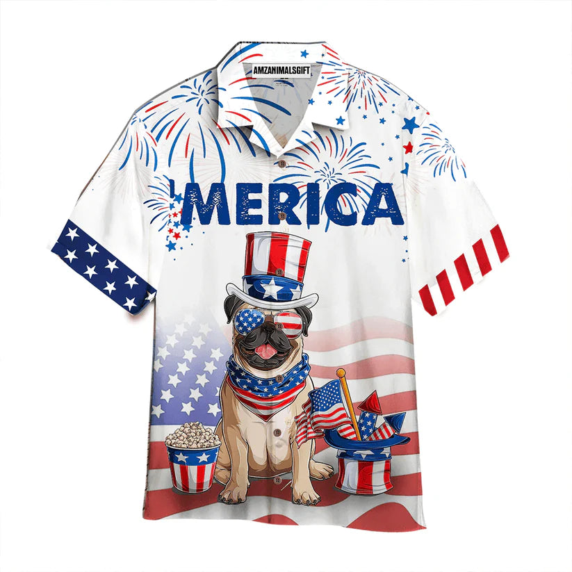 BullDog Hawaiian Shirt, Dog And American Flag 4th Of July Firework White Aloha Hawaiian Shirts For Men Women, Gift For Dog Lovers, Dog Mom Dad, Summer