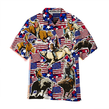 Bull Riding American Flag Aloha Hawaiian Shirts For Men Women, 4th July Gift For Summer, Friend, Family, Independence Day, Bull Riding Lovers