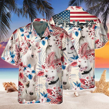 Bull Terrier Aloha Hawaiian Shirts For Summer, Dog Tropical Independence Day USA Flag Hawaiian Shirt For Men Women, 4th of July Gift For Dog Lovers