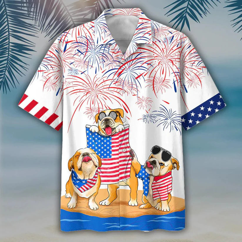 Bulldog Aloha Hawaiian Shirts For Summer, Dog Independence Day Freedom Of USA 4th Of July Flag Aloha Hawaiian Shirt For Men Women, Gift For Dog Lovers