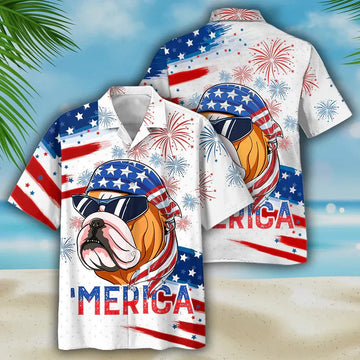 Bulldog Aloha Hawaiian Shirts For Summer, Funny Dog Merica Independence Day USA Flag Hawaiian Shirt For Men Women, 4th of July Gift For Dog Lovers