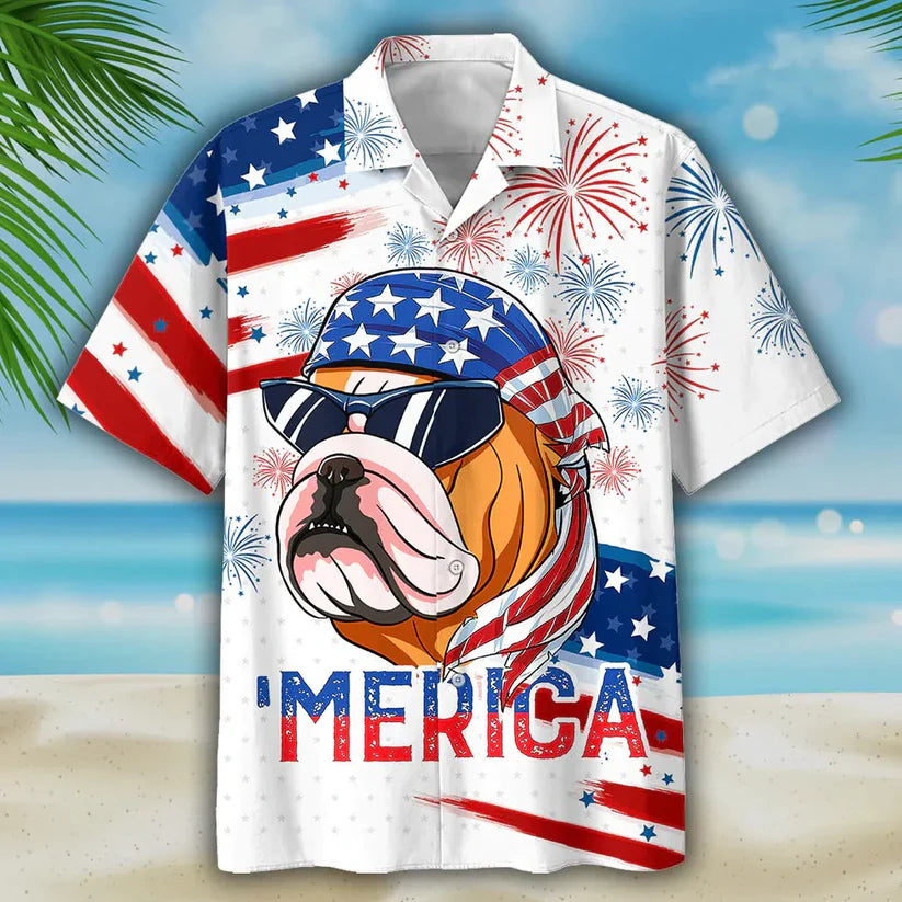 Bulldog Aloha Hawaiian Shirts For Summer, Funny Dog Merica Independence Day USA Flag Hawaiian Shirt For Men Women, 4th of July Gift For Dog Lovers