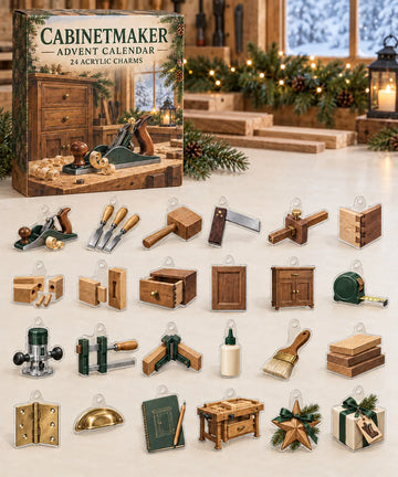 Cabinetmaker advent calendar with 24 custom-shaped flat acrylic charms and printed dimensional artwork 2026 - 24-Day Countdown, Acrylic Charms