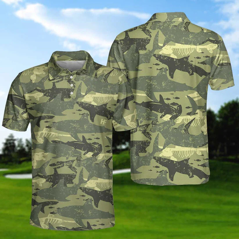 Camouflage Shark Pattern Fishing Hunting Polo Shirt For Men