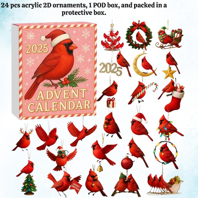 Cardinal Bird Advent Calendar 2024 Christmas Countdown Calendar With 24 Acrylic Red Bird Ornaments Holiday Decoration Gift For Bird Lovers