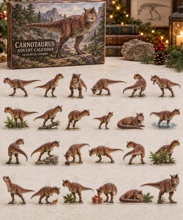 Carnotaurus advent calendar with 24 custom-shaped flat acrylic charms and printed dimensional artwork 2026 - 24-Day Countdown, Acrylic Charms
