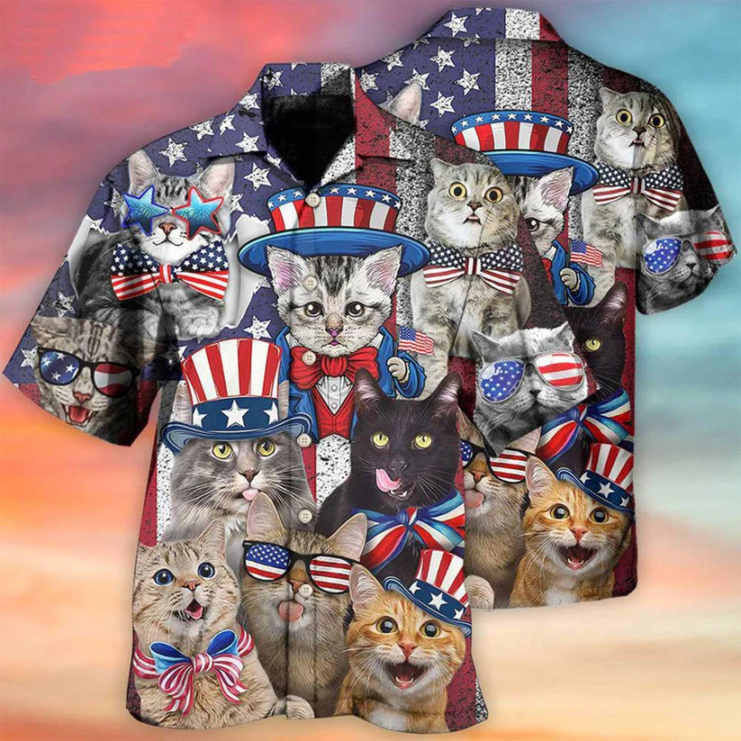 Cat Aloha Hawaiian Shirts For Summer, Cat Independence Day Funny Hawaiian Shirt For Men Women, Gift For Cat Lovers, Fourth Of July Party, 4th of July