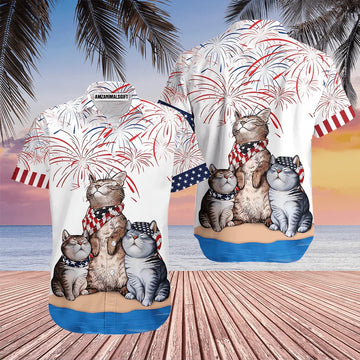 Cat American Flag Firework Aloha Hawaiian Shirts For Men Women, 4th July Gift For Summer, Friend, Family, Independence Day, Cat Lovers, Cat Mom Dad