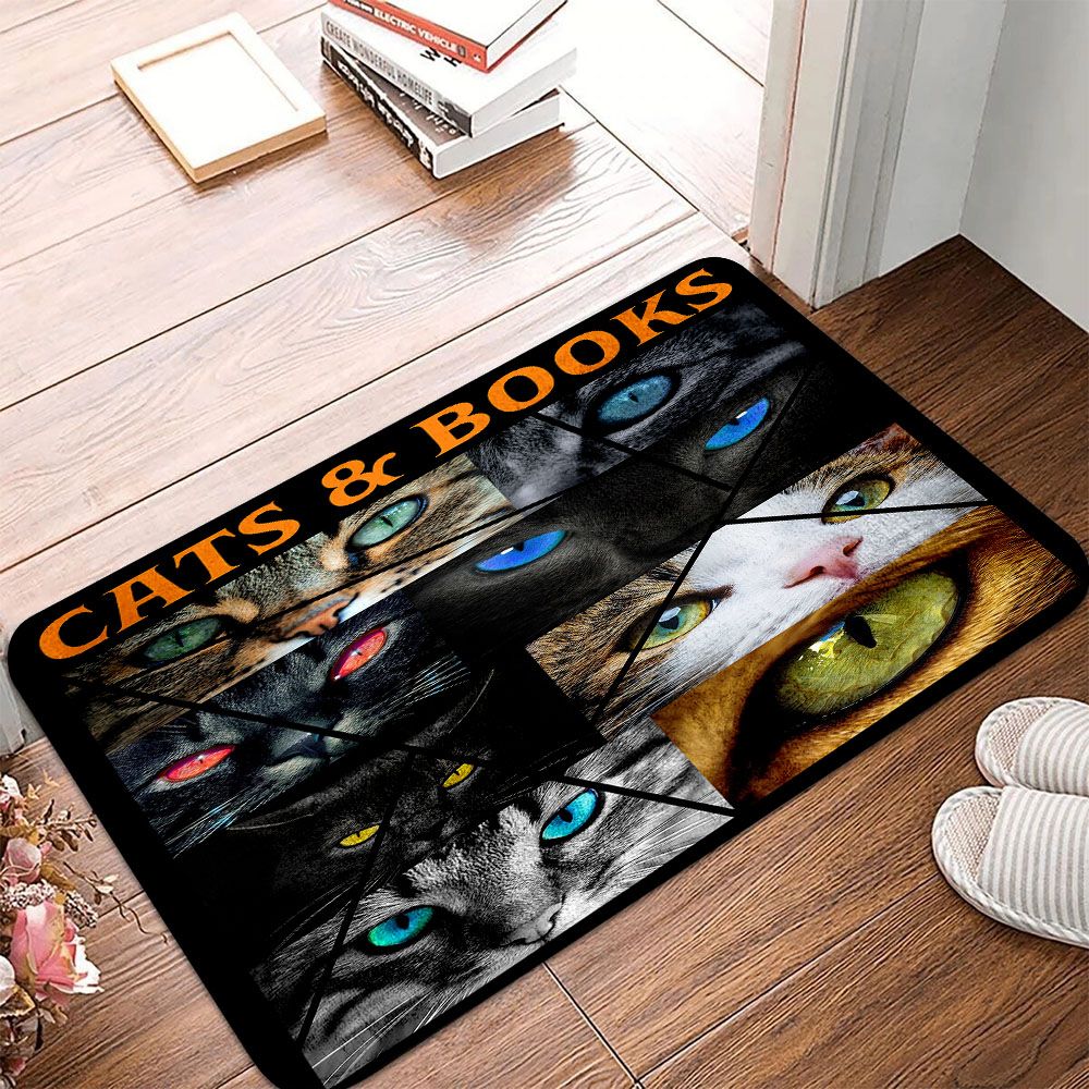Cat Doormat - Beautiful Cats Eyes And Books Pattern Print Black Doormat - Gifts For Cat Lovers