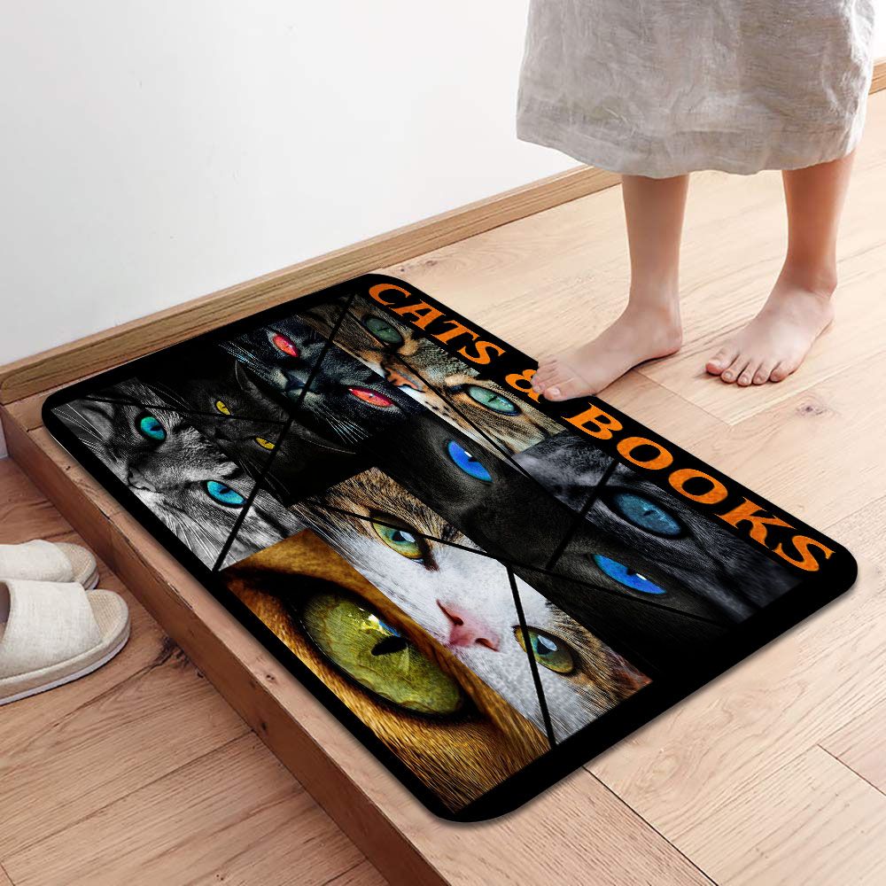 Cat Doormat - Beautiful Cats Eyes And Books Pattern Print Black Doormat - Gifts For Cat Lovers