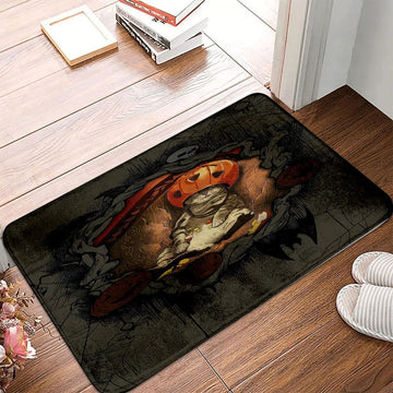 Cat Doormat - Cute Cat Wearing Halloween Pumpkin Hat Scary Pattern Doormat - Gifts For Cat Lovers