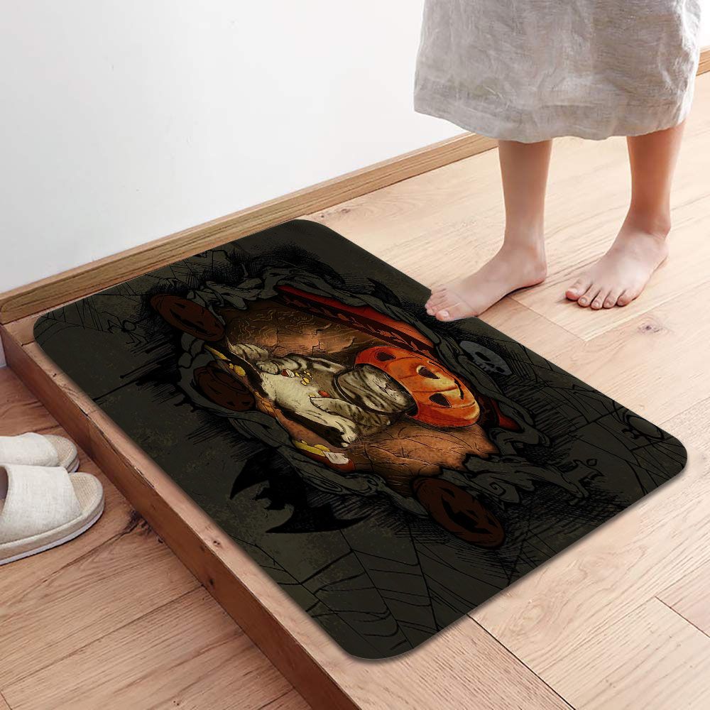 Cat Doormat - Cute Cat Wearing Halloween Pumpkin Hat Scary Pattern Doormat - Gifts For Cat Lovers