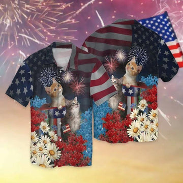 Cat Independence Day Aloha Hawaiian Shirts For Summer, Cat Fourth Of July Apparel Aloha Hawaiian Shirt For Men Women, Gift For Cat Lovers