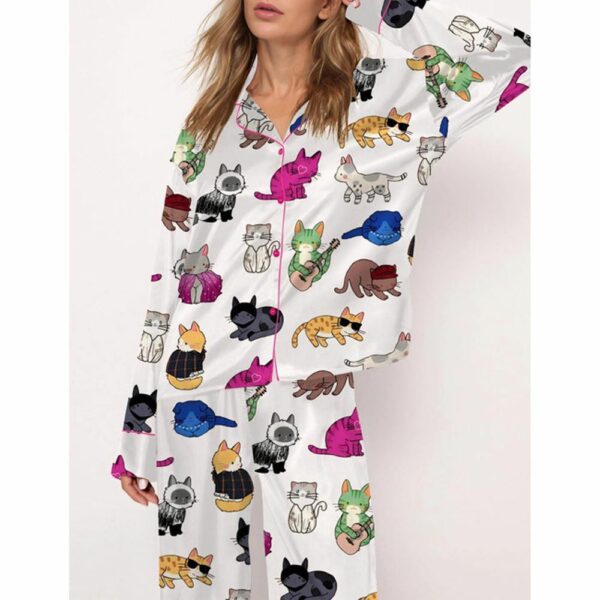 Cat Lovers Satin Pajama Set For Women
