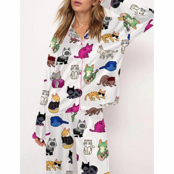 Cat Lovers Satin Pajama Set For Women