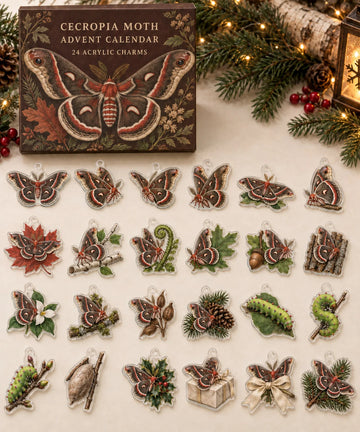 Cecropia Moth advent calendar with 24 custom-shaped flat acrylic charms and printed dimensional artwork 2026 - 24-Day Countdown, Acrylic Charms