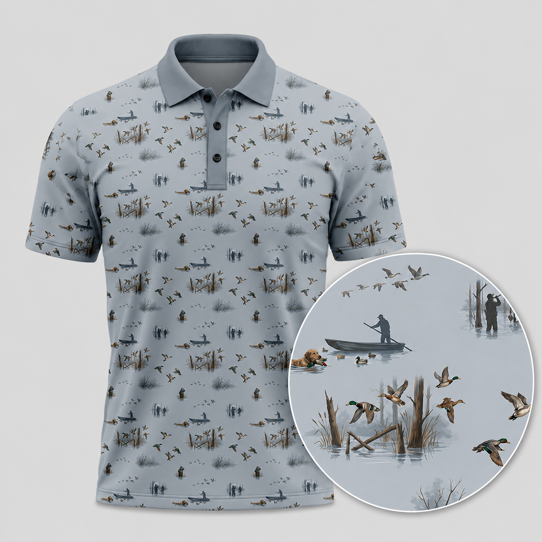 Mallard Duck Hunting Polo Shirt for Men ¨C Flying Mallard on Dark Water