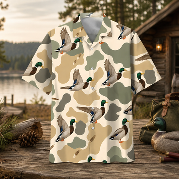 Mallard Duck Hunting Hawaiian Shirt ¨C Vintage Waterfowl Camo Button-Up for Men