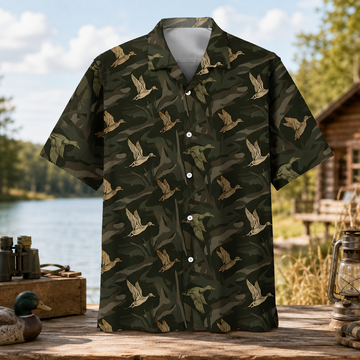 Duck Hunting Camo Hawaiian Shirt ¨C Flying Mallard Green Camo Button-Up for Men