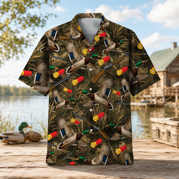 Duck Hunting Hawaiian Shirt for Men ¨C Mallard, Shotgun & Shells Print, Gift for Duck Hunters
