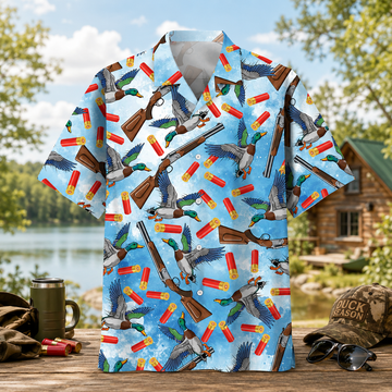 Duck Hunting Hawaiian Shirt for Men ¨C Flying Mallard & Shotgun Print, Gift for Duck Hunters