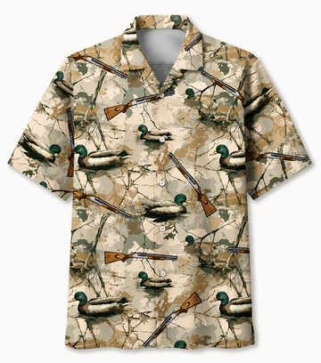 Duck Hunting Hawaiian Shirt for Men ¨C Mallard & Shotgun on Branch Camo, Gift for Duck Hunters