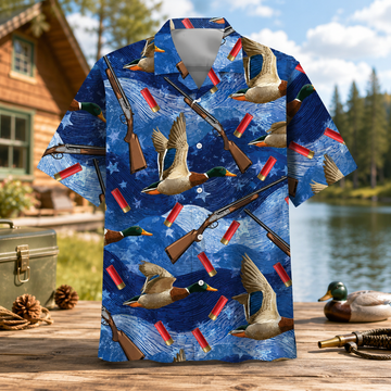 Duck Hunting Hawaiian Shirt for Men ¨C Mallard & Shotgun Print, Patriotic Gift for Hunters
