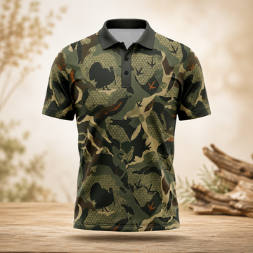 Turkey Hunting Camo Polo Shirt for Men ¨C Wild Turkey & Feather Print, Gift for Hunters