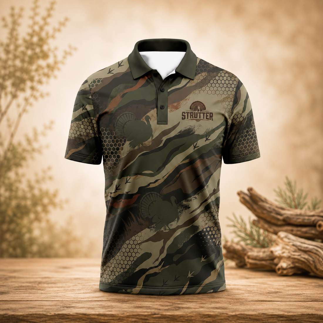 Turkey Hunting Camo Polo Shirt for Men ¨C Dark Wild Turkey Print, Gift for Hunters