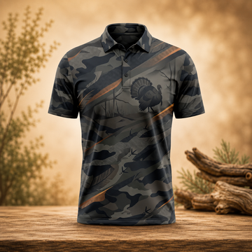 Turkey Hunting Camo Polo Shirt for Men ¨C Dark Wild Turkey Print, Gift for Hunters