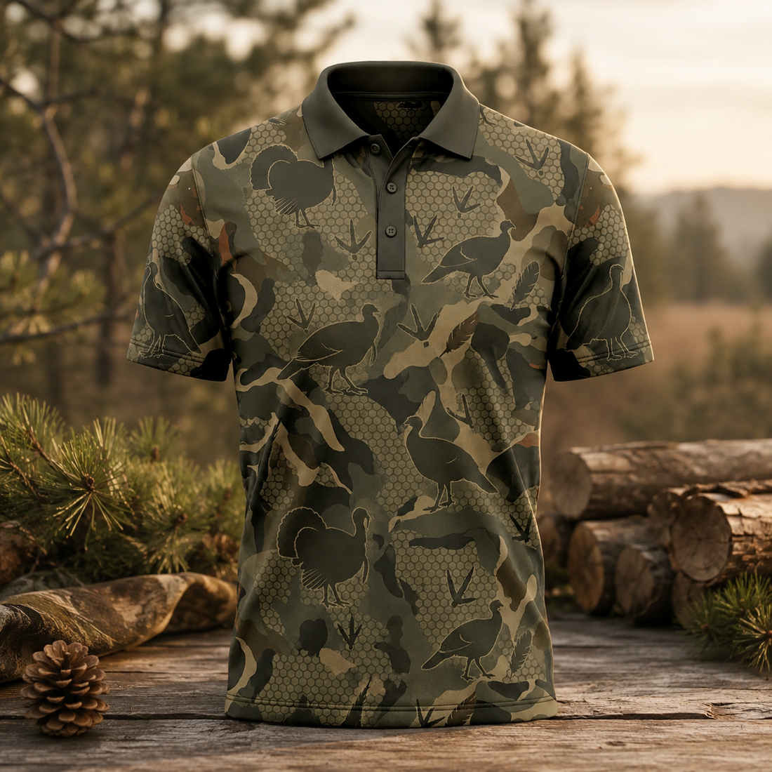Turkey Hunting Camo Polo Shirt for Men ¨C Wild Turkey Outline Print, Gift for Hunters